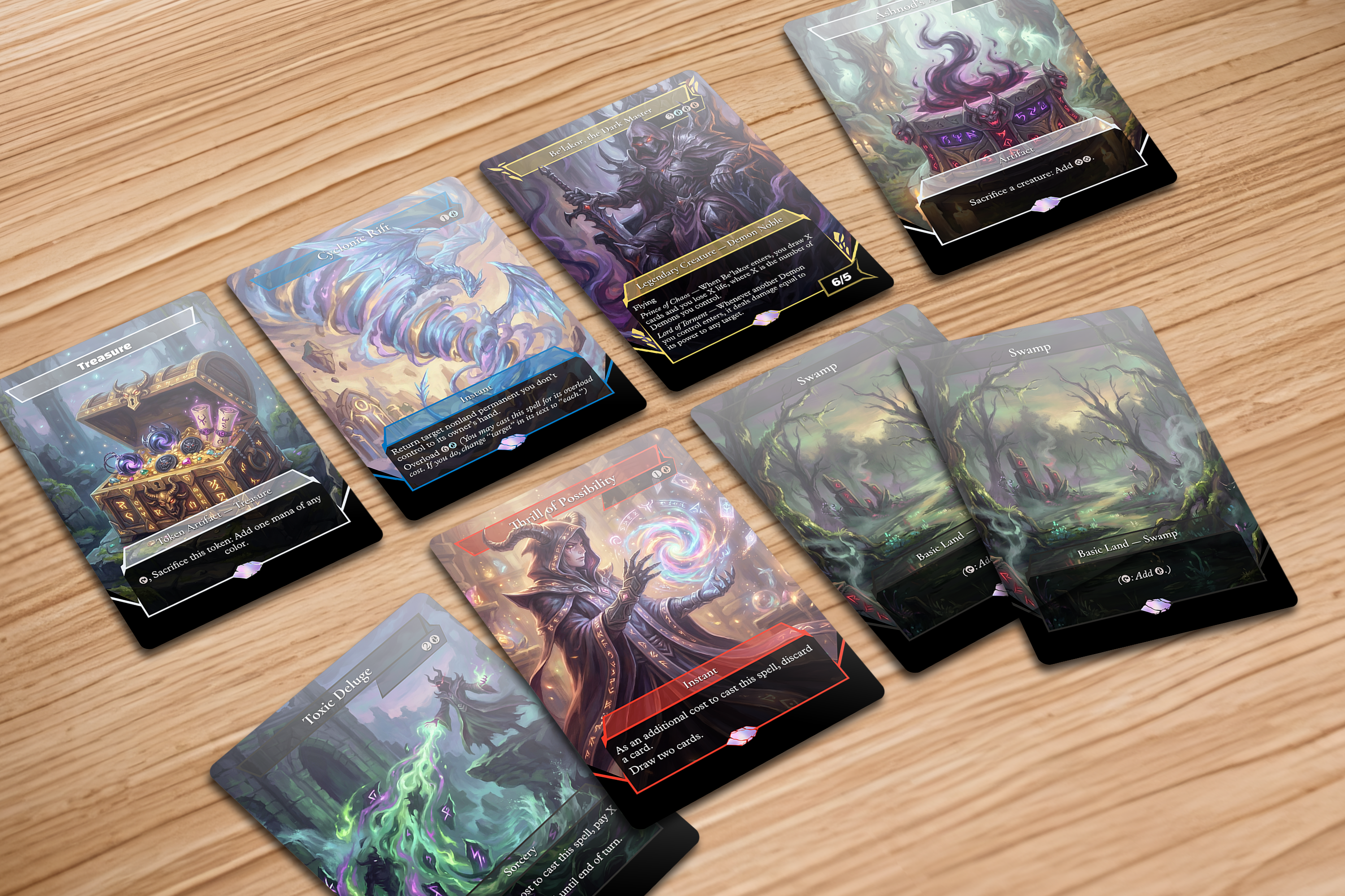 A collection of custom fantasy trading cards on a wooden table