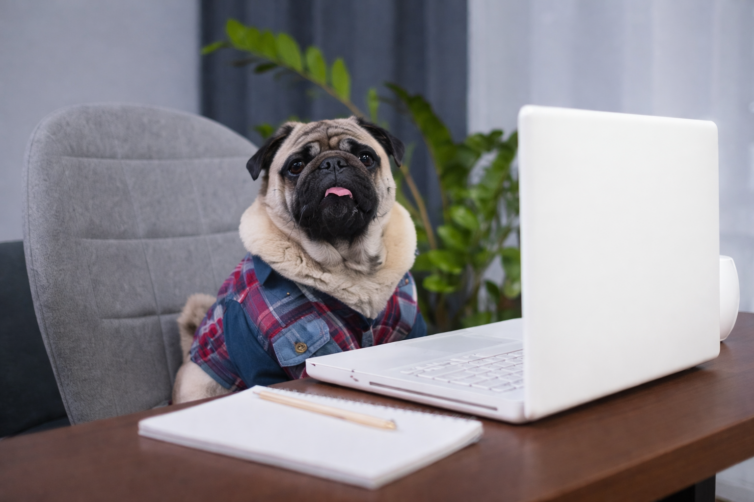A pug sitting at a desk in front of a laptop